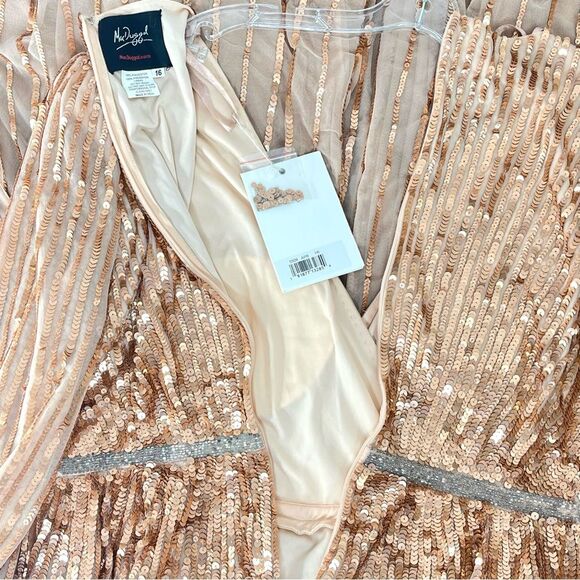 Mac Duggal 5509 Sequin Wrap Over 3/4 Bishop Sleeves Gown, Apricot, Size 16 - Picture 7 of 9